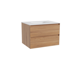 Balmani Mitra zwevend badkamermeubel 75 x 55 cm teak met Tablo Arcato enkele wastafel in solid surface mat wit