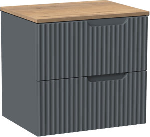Linie Ribbo zwevend badkamermeubel 60 x 46 cm blauw antraciet met Lado enkel tablet in melamine natuur eik, Verticale symmetrische ronde ribbel