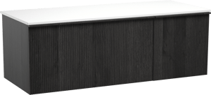 Balmani Forma zwevend badkamermeubel 135 x 55 cm zwarte eik met Stretto enkel of dubbel tablet in solid surface mat wit, Verticale symmetrische rechte ribbel