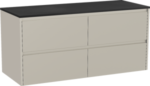 Storke Seda zwevend badmeubel 130 x 52 cm zijdegrijs met Panton enkel of dubbel wastafelblad in gepoedercoate mdf mat zwart