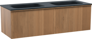 Balmani Forma zwevend badkamermeubel 150 x 55 cm teak met Tablo Strada dubbele wastafel in composietmarmer mat zwart, Verticale symmetrische rechte ribbel