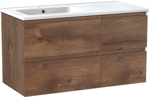 Linie Lado zwevend badmeubel 100 x 46 cm bruin eiken met Vano asymmetrisch linkse wastafel in composietmarmer hoogglans wit