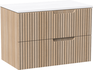 Linie Ribbo zwevend badkamermeubel 80 x 46 cm lichte eik met Lado enkel tablet in composietmarmer glanzend wit, Verticale symmetrische ronde ribbel
