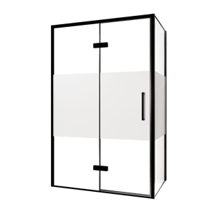 Balmani Senses Design douchehoek met linkse draaideur en vaste zijwand, 120 x 100 cm, Helder glas met matte strook, Zwarte profielen, met coating