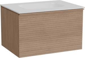 Balmani Forma zwevend badmeubel 75 x 55 cm naturel eiken met Tablo Arcato enkele wastafel in solid surface mat wit, Horizontale symmetrische rechte ribbel