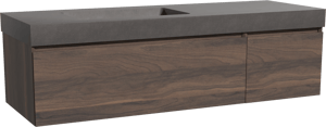 Storke Edge zwevend badkamermeubel 150 x 52 cm notelaar met Scuro High asymmetrisch linkse wastafel in kwarts mat zwart