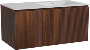 Storke Ribs zwevend badkamermeubel 100 x 52 cm notelaar met Mata asymmetrisch rechtse wastafel in solid surface mat wit, Verticale symmetrische rechte ribbel