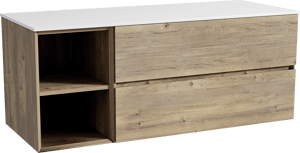 Storke Edge zwevend badkamermeubel 130 x 52 cm ruwe eik met Tavola enkel of dubbel tablet in solid surface mat wit