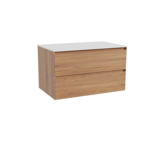 Balmani Mitra zwevend badkamermeubel 90 x 55 cm teak met Stretto enkel tablet in solid surface mat wit