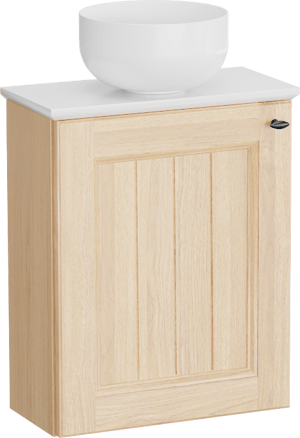 Balmani Lemon hängendes WC-Möbel-Set, 42 x 21 cm, Eiche Natur mit Facetta Waschtischplatte und Bowl Aufsatzbecken in mattem Solid Surface