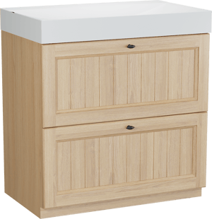 Balmani Lemon staand badkamermeubel 90 x 55 cm, fineer natuur eik met Wave enkele wastafel in mat wit