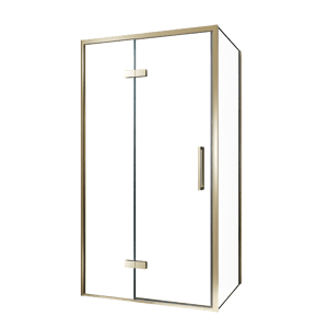 Balmani Senses Design douche en coin avec porte pivotante à gauche et paroi latérale fixe, 100 x 100 cm, Verre transparent, Profil Brushed Champagne Gold