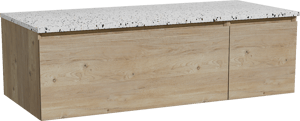 Storke Edge zwevend badkamermeubel 120 x 52 cm ruwe eik met Tavola enkel of dubbel tablet in mat wit/zwart terrazzo