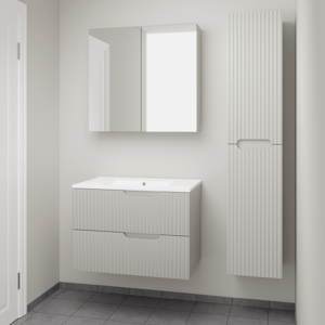 Linie Ribbo meuble salle de bains suspendu 80 x 46 cm greige avec Vano plan simple en marbre composite blanc mat, Nervure circulaire symétrique verticale, Montro armoire de toilette et Ribbo colonne salle de bains