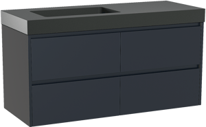Storke Seda zwevend badkamermeubel 130 x 52 cm nachtblauw met Scuro High asymmetrisch linkse wastafel in kwarts mat zwart