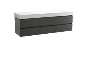 Balmani Lucida meuble salle de bains suspendu 180 x 55 cm chêne noir avec Dominus tablette simple ou double en solid surface blanc mat