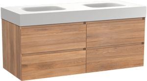 Balmani Mitra meuble salle de bains suspendu 135 x 55 cm teck avec Arcato double vasque en solid surface blanc mat