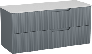 Linie Ribbo zwevend badmeubel 120 x 46 cm blauw antraciet met Lado enkel of dubbel wastafelblad in melamine terrazzo wit, Verticale symmetrische ronde ribbel