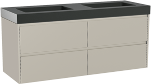 Storke Seda zwevend badkamermeubel 150 x 52 cm zijdegrijs met Scuro High dubbele wastafel in kwarts mat zwart