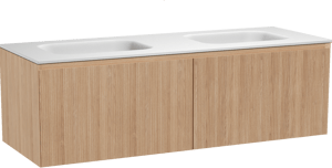 Balmani Fila by Mitra zwevend badkamermeubel 150 x 55 cm natuur eik met Tablo Arcato dubbele wastafel in solid surface mat wit, Verticale symmetrische rechte ribbel
