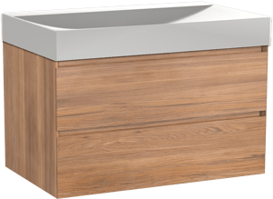 Balmani Mitra zwevend badkamermeubel 90 x 55 cm teak met Wave enkele wastafel in solid surface mat wit