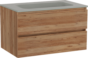 Balmani Lucida zwevend badkamermeubel 90 x 55 cm teak met Tablo Strada enkele wastafel in composietmarmer zijdegrijs