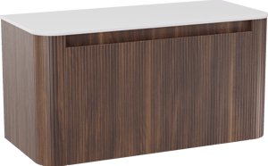 Storke Soft zwevend badkamermeubel 100 x 46 cm notelaar met Tavola Soft enkele tablet in solid surface mat wit, Verticale symmetrische rechte ribbel