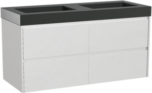 Storke Seda zwevend badkamermeubel 130 x 52 cm mat wit met Scuro High dubbele wastafel in kwarts mat zwart