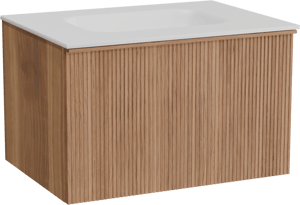 Balmani Forma hängendes Möbelstück Set: 75 x 55 cm, Teak, mit Tablo Arcato Einzelwaschtisch, Solid Surface, Weiß matt, Vertikale symmetrische gerade Rippe