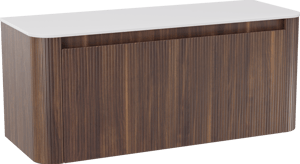 Storke Soft zwevend badkamermeubel 120 x 46 cm notelaar met Tavola Soft enkele of dubbele tablet in solid surface mat wit, Verticale symmetrische rechte ribbel
