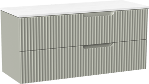 Linie Ribbo zwevend badkamermeubel 120 x 46 cm greige met Lado dubbel tablet in composietmarmer mat wit, Verticale symmetrische ronde ribbel
