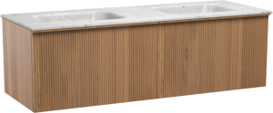 Balmani Forma zwevend badkamermeubel 150 x 55 cm teak met Tablo Arcato dubbele wastafel in marmer carrara, Verticale symmetrische rechte ribbel