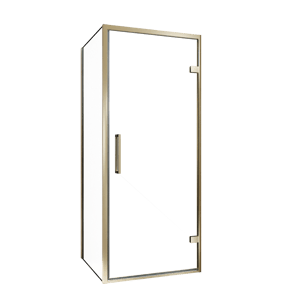 Balmani Senses Design Eckdusche: Drehtür (Rechts) mit fixierte Seitenwand, 90 x 100 cm, Klarglas, Profil Brushed Champagner Gold