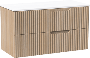 Linie Ribbo zwevend badkamermeubel 100 x 46 cm lichte eik met Lado enkel of dubbel tablet in composietmarmer mat wit, Verticale symmetrische ronde ribbel