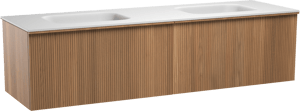 Balmani Forma zwevend badkamermeubel 180 x 55 cm teak met Tablo Arcato dubbele wastafel in solid surface mat wit, Verticale symmetrische rechte ribbel