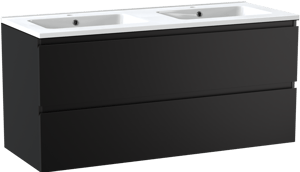 Linie Lado meuble salle de bains suspendu 120 x 46 cm noir mat avec Vano double vasque en marbre composite blanc brillant