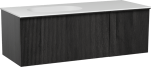 Balmani Forma zwevend badmeubel 135 x 55 cm zwart eiken met Tablo Oval asymmetrisch linkse wastafel in solid surface mat wit, Verticale symmetrische rechte ribbel
