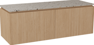 Balmani Eclips zwevend badmeubel 150 x 55 cm Natuur eiken met Stretto enkel of dubbel wastafelblad in Greige terrazzo, Verticale symmetrische rechte ribbel