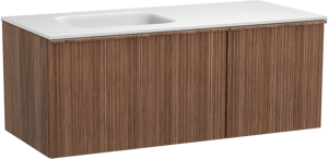 Balmani Forma zwevend badmeubel 120 x 55 cm amerikaans notenhout met Tablo Arcato asymmetrisch linkse wastafel in solid surface mat wit, Verticale asymmetrische ronde ribbel