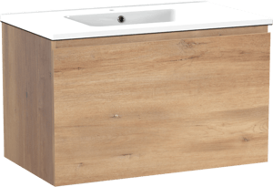 Linie Lado meuble salle de bains suspendu 80 x 46 cm chêne naturel avec Vano plan simple en marbre composite blanc brillant