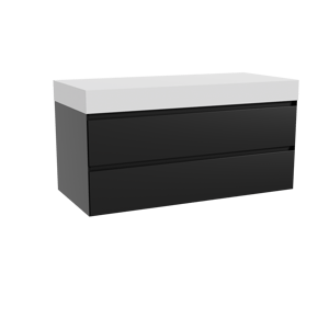Balmani Mitra hängendes Möbelstück Set: 120 x 55 cm, Schwarz matt, mit Dominus Einzel- oder Doppel Waschtischplatte, Solid Surface Weiß matt
