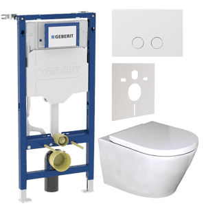 Luca Varess Calibro wc suspendu blanc brillant sans bride avec Geberit UP320 Systemfix bâti-support et plaque de commande