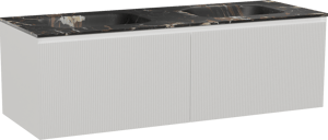 Balmani Fila by Mitra meuble salle de bains suspendu 150 x 55 cm blanc mat avec Tablo Arcato double vasque en marbre portoro gold, Nervure droite symétrique verticale