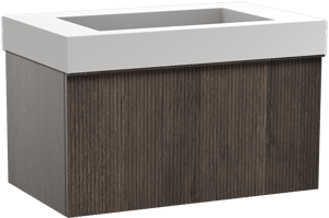 Balmani Forma zwevend badkamermeubel 90 x 55 cm gerookte eik met Modus enkele wastafel in solid surface mat wit, Verticale symmetrische rechte ribbel