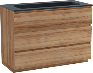 Balmani Lucida staand badkamermeubel 120 x 55 cm teak met Tablo Strada enkele wastafel voor 2 kraangaten in composietmarmer mat zwart