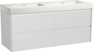 Storke Seda zwevend badkamermeubel 150 x 52 cm mat wit met Mata High dubbele wastafel in solid surface mat wit