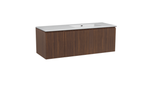 Storke Ribs zwevend badkamermeubel 140 x 52 cm notelaar met Diva asymmetrisch rechtse wastafel in composietmarmer glanzend wit, Verticale symmetrische rechte ribbel