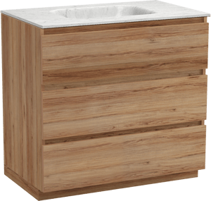 Balmani Lucida freistehendes Möbelstück Set: 90 x 55 cm, Teak, mit Tablo Arcato Einzelwaschtisch, Marmor Carrara