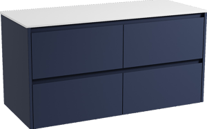 Storke Seda zwevend badkamermeubel 120 x 52 cm nachtblauw met Tavola enkel of dubbel tablet in solid surface mat wit