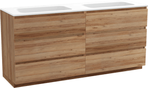 Balmani Lucida staand badkamermeubel 180 x 55 cm teak met Tablo Strada dubbele wastafel in composietmarmer mat wit